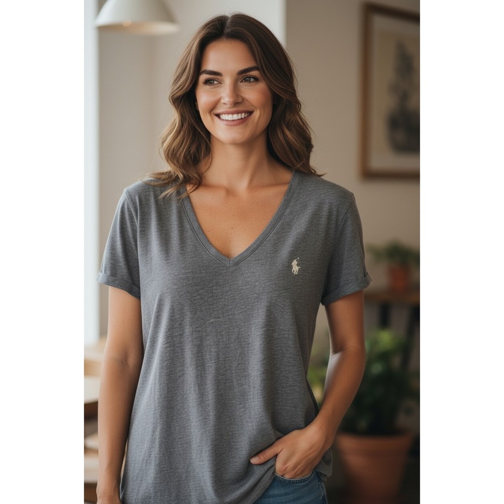 Polo Ralph Lauren Shirt Womens Gray Short Sleeve V Neck Preppy 100% Cotton SZ L